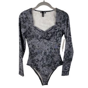 Aqua Bloomingdales Bodysuit Gray XS Polyester Blend Snake Print Sweetheart Neck